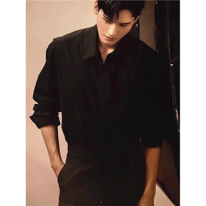 High-end pure black long-sleeved shirt men's spring and autumn ruffian handsome wear hitch-suit Neapolitan suit shirt men