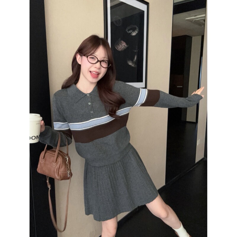 学院风polo领撞色长袖针织毛衣A字半身裙女2025秋季新款时尚套装|undefined