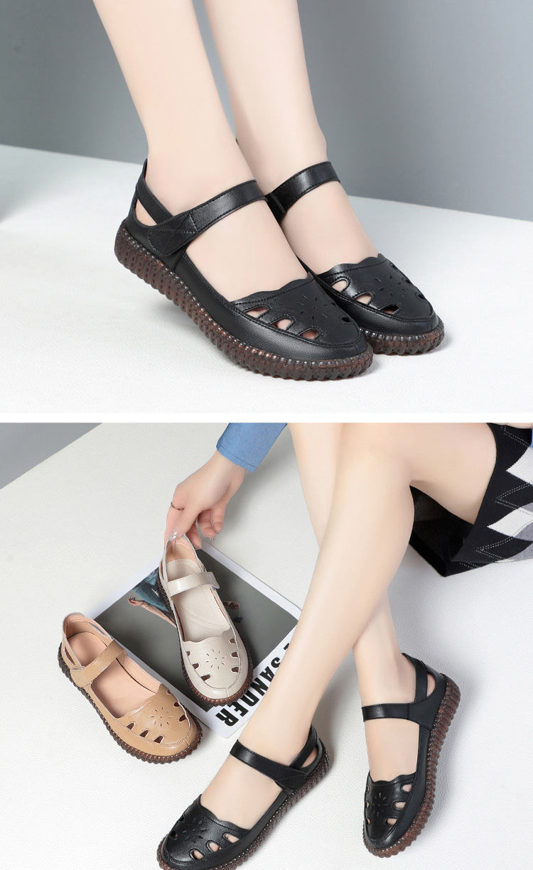 Sandal da thật nữ đế bằng mềm chống trượt, quai chữ V đơn giản, mùa hè thoáng nhẹ — Màu be chi tiết 16