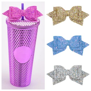 Cross-border hot selling creative glitter powder bow sippy cup decoration accessories high-value DIY cup accessories rubber band