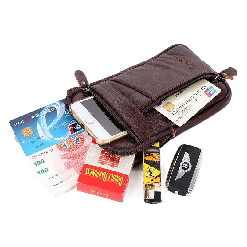 New Vertical Men's Genuine Leather Mobile Phone Bag with Belt, Multi-Functional One-Shoulder Diagonal Anti-Theft Zipper Men's Waist Bag