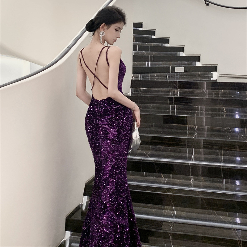 Real Shot Purple Sequins Cross Backless Super Long Mopping dress Birthday Party Dinner Party Dress Dress