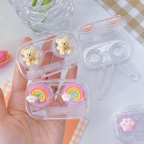 New invisible contact lens case cartoon beauty lens box, convenient to carry transparent double-layer box beauty lens companion case care box