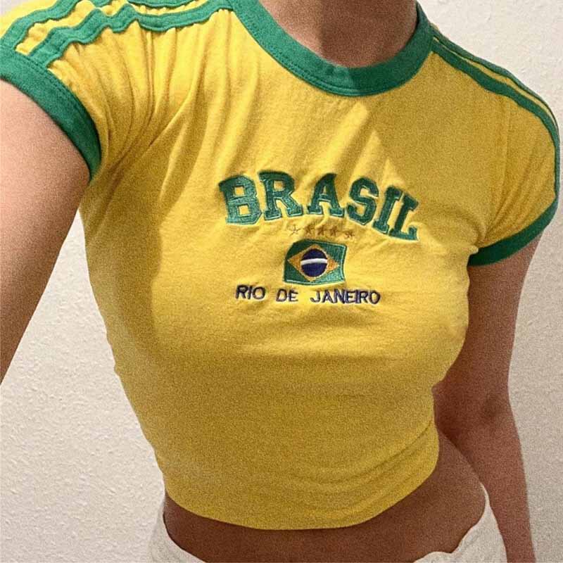 Vintage Aesthetic Top Green Summer T-Shirt Embroidered Letter Pattern Short Sleeve Baby Navel Dress Ladies Wholesale