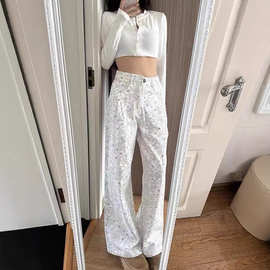 【非实拍】甜美小鱼牛仔裤米白色卡通印花直筒宽松阔腿拖地裤子