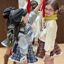 儿童装女童套装字母学院风长袖T恤加格子裙25春秋装新款外贸童装
