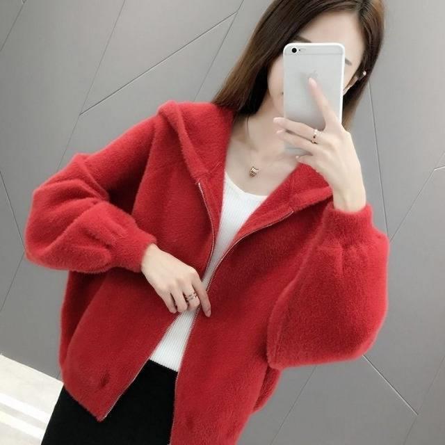 Mink velvet short coat 2023 new women's clothing spring and autumn Korean style loose hooded plush solid color cardigan top