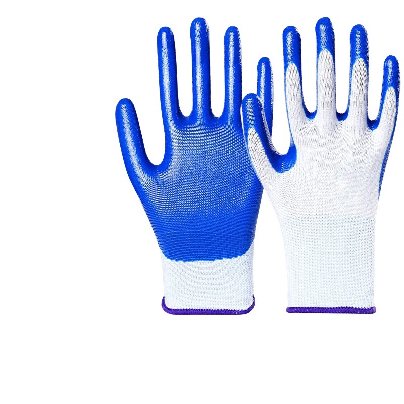 挂胶白纱蓝丁青乳胶手套 挂胶尼龙手套 pvc半挂耐磨劳保手套批发