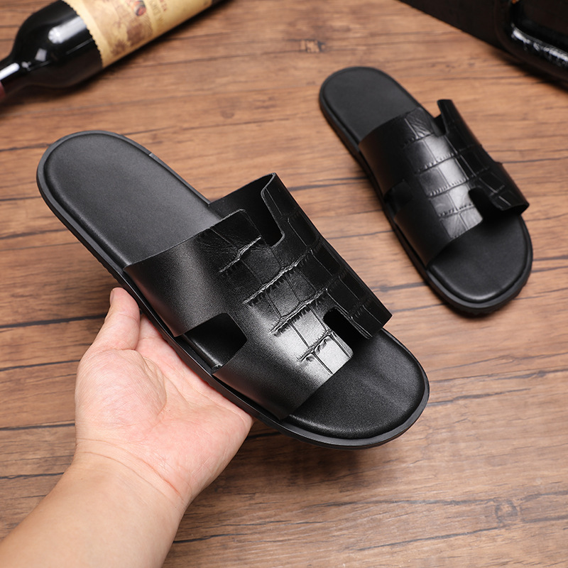 Men's Slippers Summer Genuine Leather Crocodile Pattern European Station British Korean Style Fashionable Non-Slip Rubber Sole Wear-and-take-off Convenient Shoes