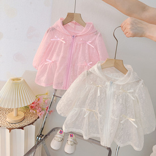 Korean Style Baby Girl Summer 2025 New Children Summer Bow Coat Little Girl Princess Style Hooded Coat