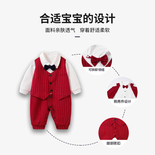 Baby one-piece outfit spring and autumn red British gentleman set baby clothes centenary banquet first birthday evening dress