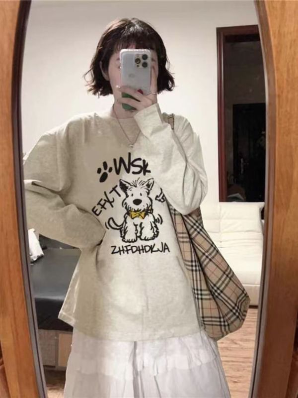 美式长袖t恤女春秋新款宽松慵懒风小众设计感打底衫上衣|undefined