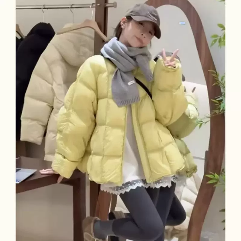 冬季新款时尚休闲圆领压线方格羽绒棉服女2025新款百搭保暖洋气女
