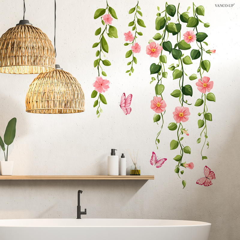 M20980 Fresh Floral Butterfly Decorative Bathtub Stickers Bathroom Bedroom Living Room Background Decoration Self-Adhesive Wall Stickers
