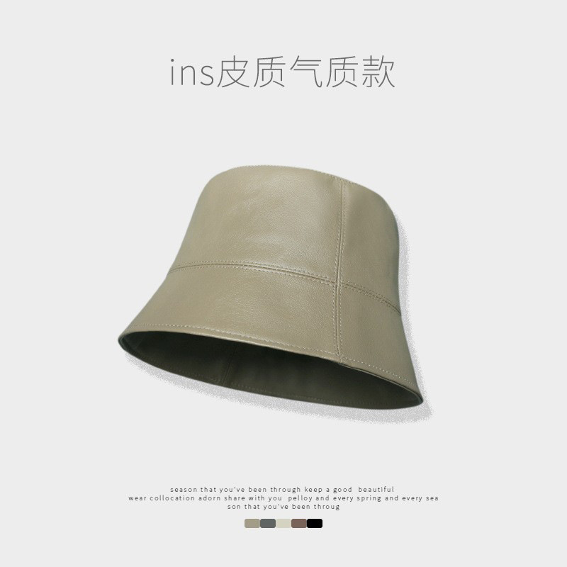 Nicho diseñador pescador sombrero mujer PU cuero casual negro cubo sombrero Otoño e Invierno sombrero de cuero cara pequeña cuenca sombrero Masculino