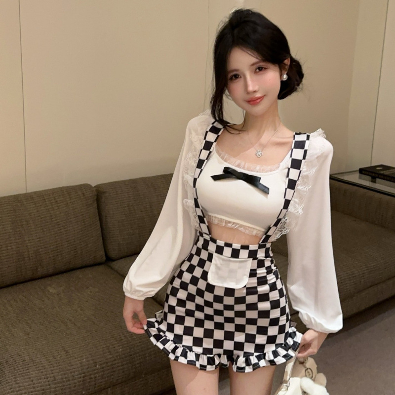 ファッショナブルな純粋な欲望中空メッシュフリルスプライシングショートスカート女性のホットガールチェック柄プリントサスペンダーフェイクツーピースヒップスカート|undefined