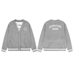 CK Jeans 25秋冬款男女情侣学院字母提花拼色纽扣V领重工针织开衫