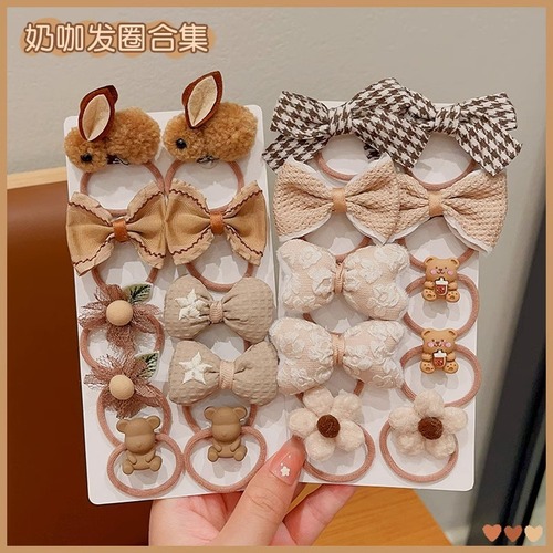 Milky brown ten-piece set of children's hair ties with high elasticity and no damage to the hair. Rubber bands and hair ropes to tie the hair. Cute baby hair accessories.