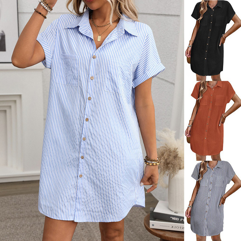 2025 summer new Amazon cross-border women's short sleeve striped cotton and linen dress long shirt women