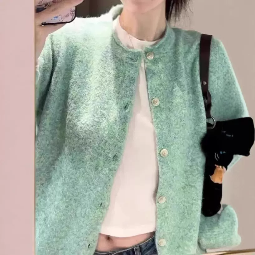 法式气质薄荷绿卷边针织开衫毛衣外套女春秋软糯绿色上衣早秋外搭