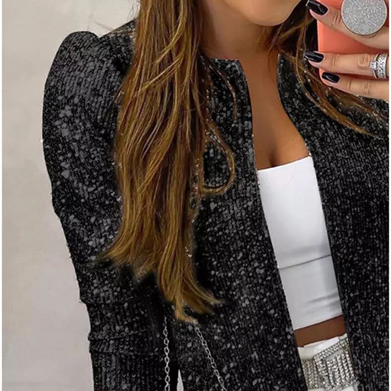 Chaqueta Corta de Mujer de Poliéster con Lentejuelas y Bloques de Color Casual