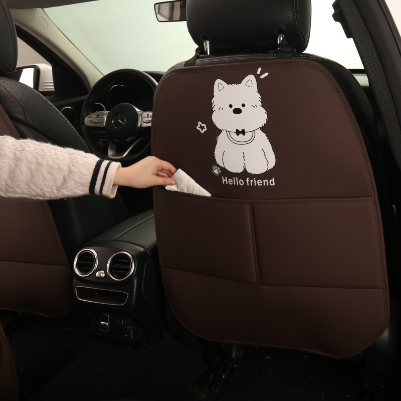 Cute Puppy Cartoon Car Seat Back Anti-Kick Pad for Women, Car Seat Back Anti-Dirt Pad with Storage Pocket