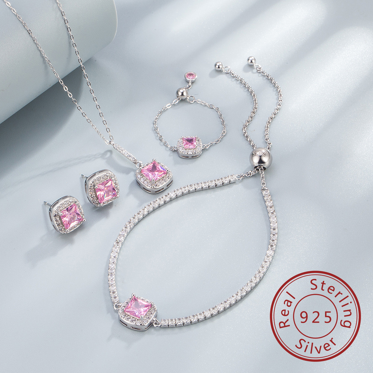 1g Weight Zircon Inlay Material Jewelry Set Classification Jewelry Set Quantity Daily Occasion 925 Sterling Silver Material Geometric Pattern Women's Gender Elegant, Simple Style Style Sterling Silver S925 Pink Square Jewelry Necklace Ear Stud Ring Silver Jewelry Set 无