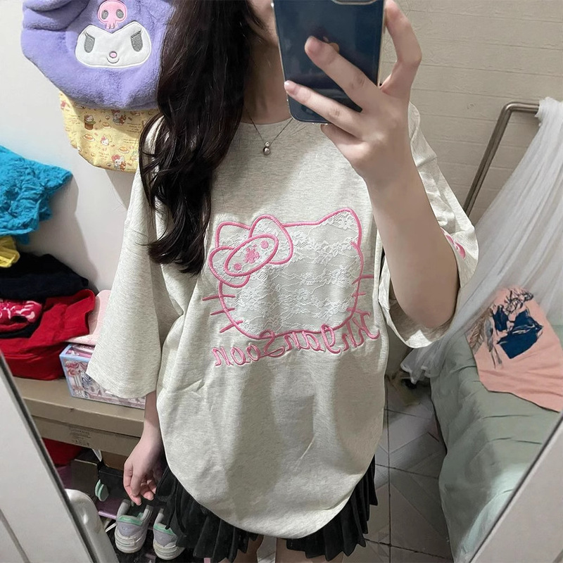 Special Offer in Stock # Original Workmanship # Embroidery + Lace [Pure Cotton 220g Combed Tight] Short-Sleeved T-Shirt for Women