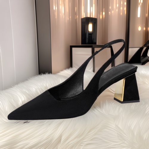 Oversized round-toe wedge sandals with a black, open-toe design featuring a pointed toe, a back strap, and a mid-heel. Perfect for summer fashion.