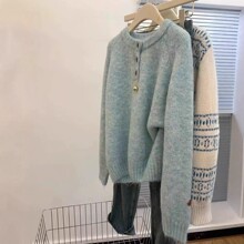 韩版蓝色软糯宽松圆领毛衣女厚款内搭秋冬外穿打底高级感上衣