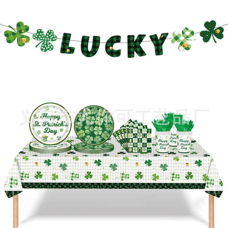New St. Patrick's Day Clover Party Supplies Disposable Tablecloth Paper Plate Paper Cup Tissue Tableware Set