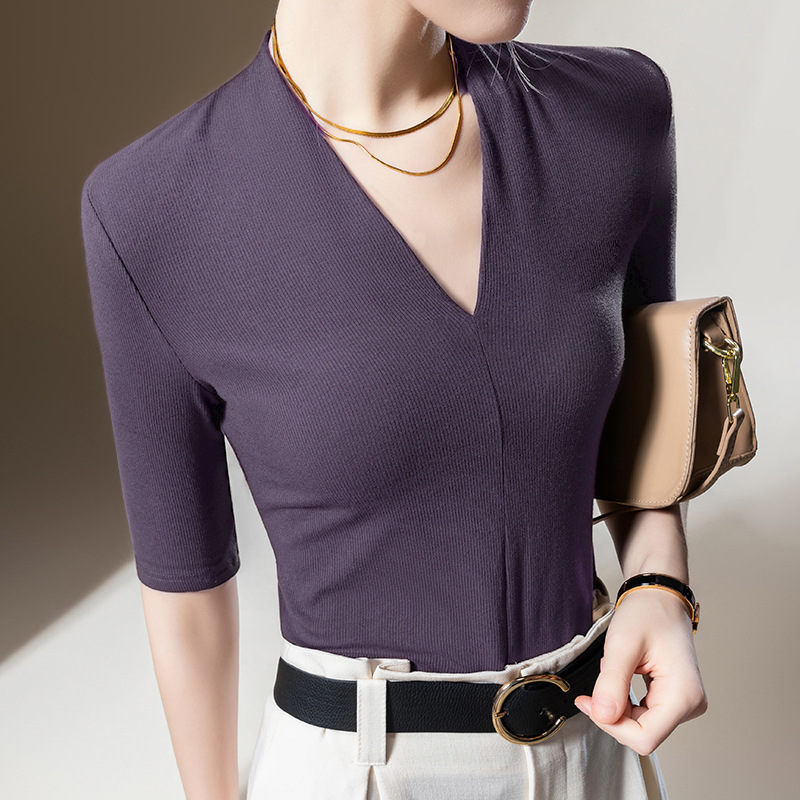 Medium-sleeved T-shirt Women's New Women's Clothing Solid Color Threaded Half-sleeved T-shirt Temperament Deep V-neck Waist Top Short Sleeve_ecoleips.com