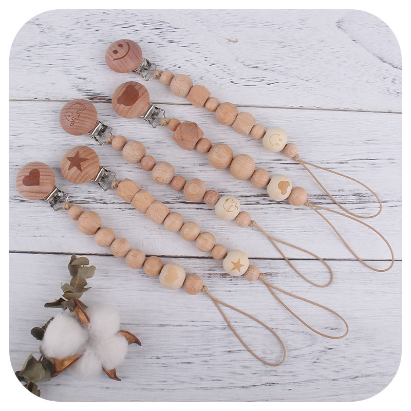Bebé suministros de dibujos animados de haya forma chupete clip de haya animal cuentas de madera mordedor cuentas pezón cadena anti-perdido cadena