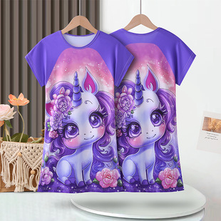 Girls Nightgown Kidsren's Pajamas Summer New Baby Short-Sleeved Skirt Little Girl Cartoon Middle and Large Kidsren Home Clothes Skirt