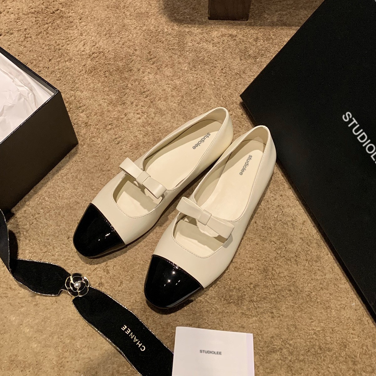 Sheepskin Version ~ Genuine Leather French Bow Square Toe Mary Jane Shoes for Women Autumn New Flats-Soled Small Fragrant Ballet Shoes