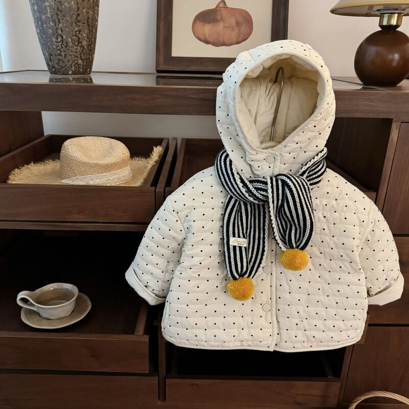 [Sweet Xiaosi] Super Korean! Korean Baby Girl's Cute Polka Dot Hooded Loose Quilted Cotton Jacket Cross-Border