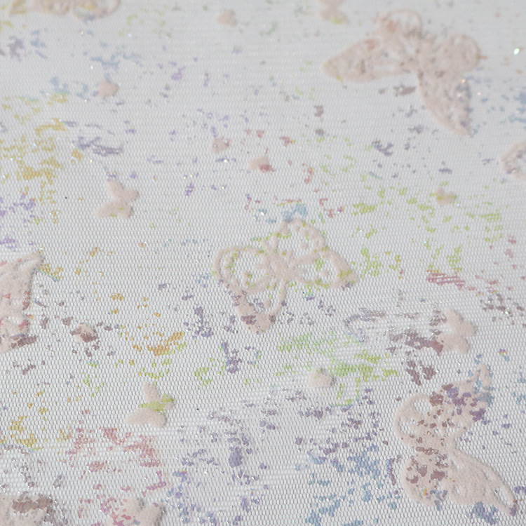Nuevo tipo de tela de malla mariposa fantasía estampado tela de flojo primavera y verano vestido de tela de ropa infantil