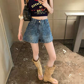 实拍2026高腰波点牛仔短裤女夏季侧开叉百搭显瘦A字阔腿热裤潮