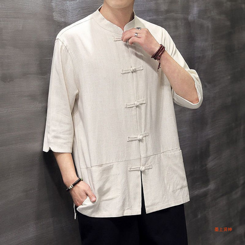 Chinese-style linen five-button sleeve shirt for men, large size, retro style, Chinese Tang suit cotton linen short sleeve