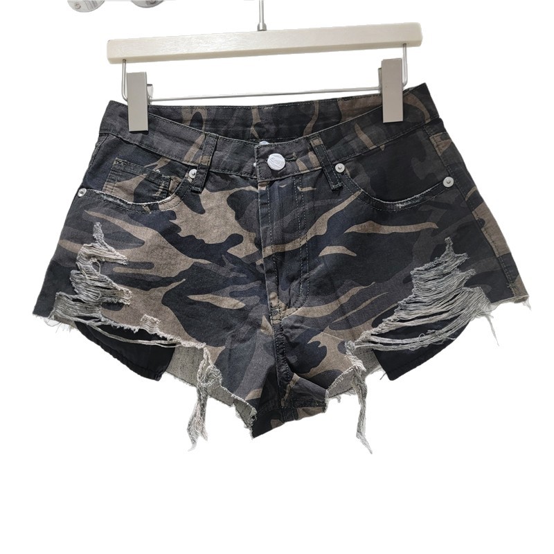 Shorts Cortos de Mezclilla con Camuflaje de Poliéster de Cintura Baja para Verano