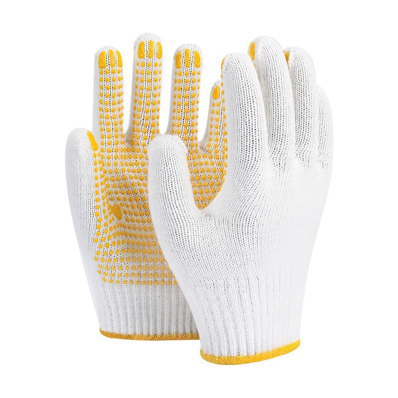 Dispensación de pegamento guantes de plástico de protección laboral antideslizante desgaste guantes de algodón hilo de algodón movimiento de calcetines al por mayor