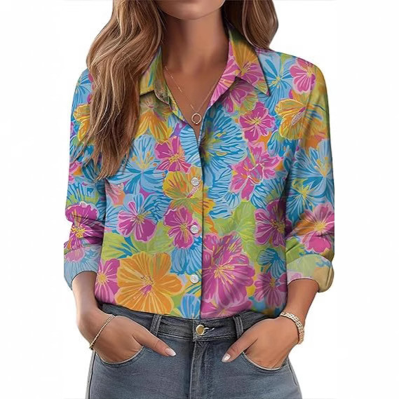 European and American Independent Station Amazon 3D Digital Printing Floral Pattern Women's Long-Sleeved Button-Down Lapel Shirt
