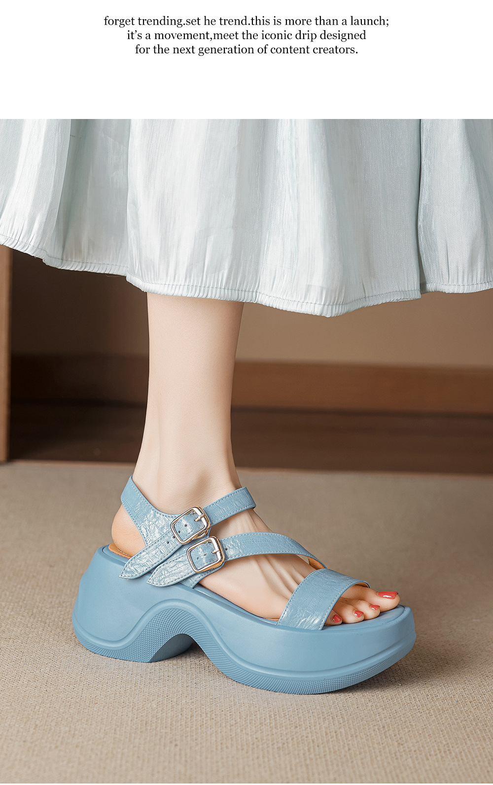 Sandal cao gót nữ hở mũi đế xuồng quai ngang khóa cài — màu đen, màu xanh hồ chi tiết 12