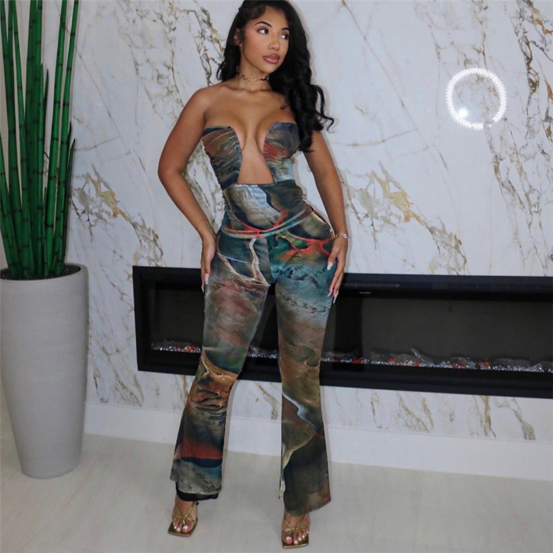 Women's Party Bar Streetwear Color Block Full Length Printing Backless Casual Pants Jumpsuits display picture 2