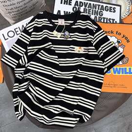 纸袋家！yongwill小羊纸袋家重工刺绣宽松显瘦条纹短袖T恤女夏韩