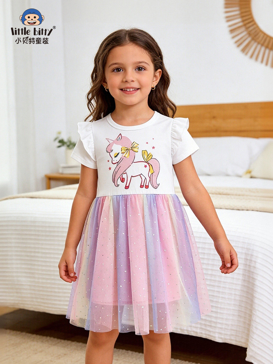 26 Spring/Summer Children's Short-Sleeve Rainbow Mesh Dress with Cartoon Unicorn Print for Girls, Cross-Border Supply, in Stock