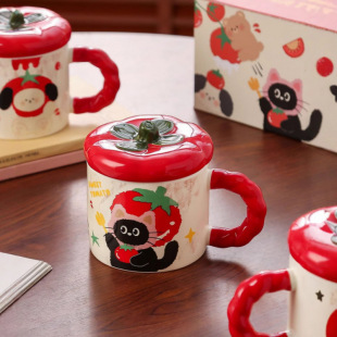 Cat Tomato Ceramic Mug Small High-value Water Cup with Lid for Hand Gift Birthday Gift Breakfast Coffee Cup