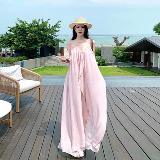 夏日海边度假旅游风吊带长裙时尚纯欲甜美性感镂空露背宽松连衣裙