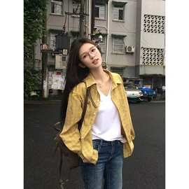 黄色格子衬衫男女夏季新款设计感小众美式复古潮牌宽松长袖衬衣潮