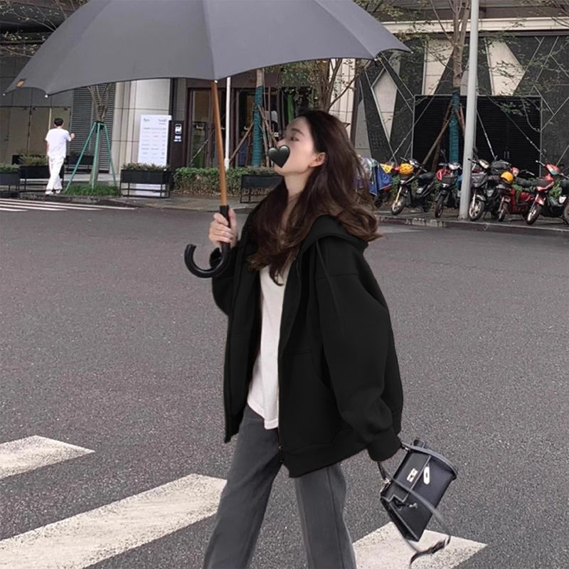 韩版oversize连帽开衫卫衣宽松外套女秋冬季加绒加厚上衣女慵懒风|undefined